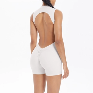 Rear view of white backless yoga romper with scrunched butt and high neck design