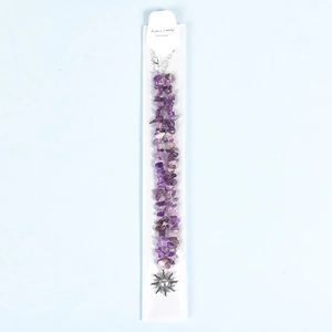 Amethyst crystal chips necklace with metal sun pendant in simple jewelry packaging