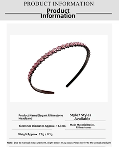 Pink rhinestone headband specifications showing 11.3cm inner diameter and resin material