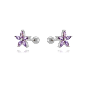 Detail of S925 silver flower stud earring featuring five purple marquise cubic zirconia stones
