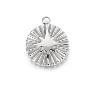 Polished silver stainless steel circular pendant with embossed starburst sun pattern