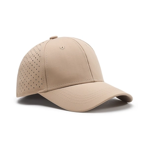 Breathable khaki quick-dry baseball cap with laser-cut side vents and curved brim