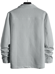 Back view of light gray men's jacket with geometric embossed pattern and minimalist design