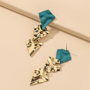 Minimalist geometric wavy sequin drop earrings with golden and blue matte finishes