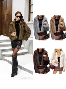 Faux Fur Coat Women Fluffy Winter Jacket Lapel Collar Long Sleeve Warm Elegant Outwear Solid Color Fashion