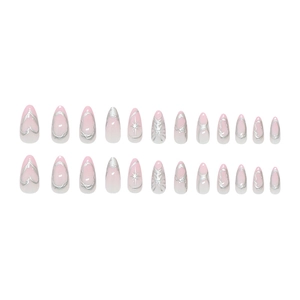 Almond press on nails with pink gradient and 3D silver chrome star and heart designs