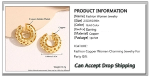 Detail view of 2.5CM hollow star earrings in 18k gold plated copper with sizing info