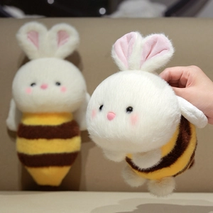 Cute soft bunny bee plush toy with long white fur and yellow striped bee body