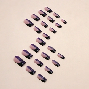 24pcs mid-length square black and purple contrast French glitter press-on nail kit