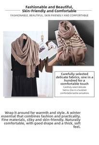 Detail of soft tassel fringe on thick brown checkered scarf with warm autumn knit texture