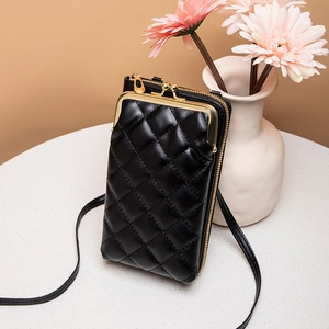 Quilted black leather cell phone crossbody bag with gold metal clasp and thin strap