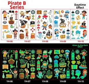 Glow-in-the-dark pirate theme waterproof tattoo stickers for children in day and night views