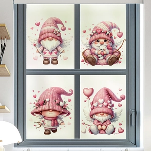 Pink Valentine's Day window stickers featuring cute gnomes with knitted textures