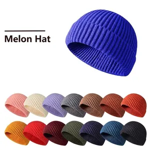 Short Ribbed Knit Melon Cap Docker Hat For Men Women Warm Solid Color Pullover Beanie Soft Stretchy Winter