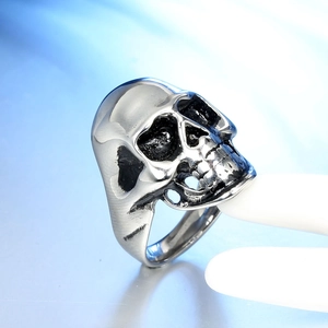 Gothic punk style skull ring in silver stainless steel with vintage metallic finish