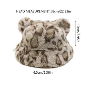 Detailed view of plush leopard print bucket hat with bear ears and dimension specs