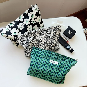 Floral Print Cotton Canvas Cosmetic Bag Vintage Makeup Pouch Women Literary Aesthetic Travel Storage Zipped Bag