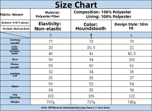 Detailed size chart for women's houndstooth long blazer with precise CM measurements