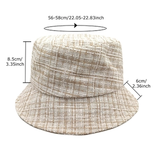 Beige tweed bucket hat for women with woven texture and size dimensions displayed