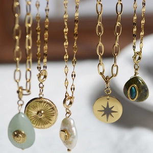 French vintage stainless steel necklace pendants set with natural stone and baroque pearls