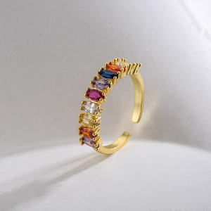 18K gold plated open ring featuring multi-colored marquise-cut zircon stones in rainbow row