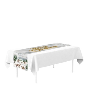 Christmas table runner with reindeer print and golden Merry Christmas text on white fabric