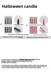 Detail of 25cm Halloween bleeding taper candles with red core effect and sizing information