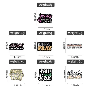 Detailed size and weight chart for religious enamel pins with inspirational quotes