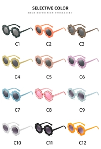 Twelve colorful flower-shaped children's sunglasses shown in a grid layout
