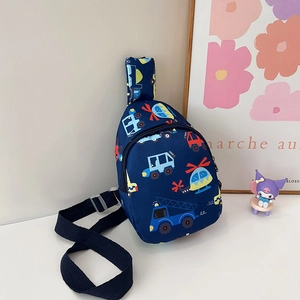 Detailed close-up of blue canvas kids chest bag with colorful cartoon vehicle patterns