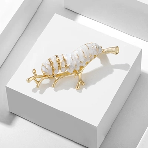 Caterpillar Brooch Pin Enamel White Insect Satinworm On Gold Branch Zinc Alloy Fashion Animal Jewelry Accessories For Dresses Coats