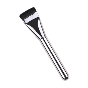 Flat top foundation brush with silver chrome handle and dense black synthetic bristles