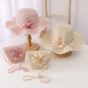 Kids woven straw sun hat and matching flower bag set for summer girls in pink and beige