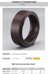 Detailed size chart for 3.5cm genuine leather men's belt with automatic buckle options