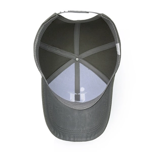 Internal view of dark grey cotton baseball cap with adjustable snapback and inner lining