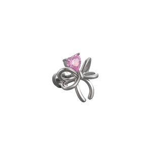 Pink heart zircon bow stud earring in silver titanium steel for cartilage piercings