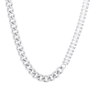 Silver cuban chain and rectangular diamond tennis necklace in minimalist dual-strand style