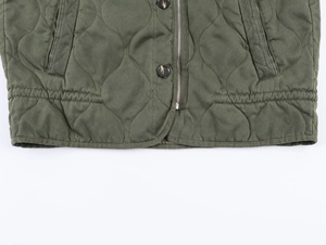 Detailed close-up of olive green quilted jacket with zipper, buttons and hem texture