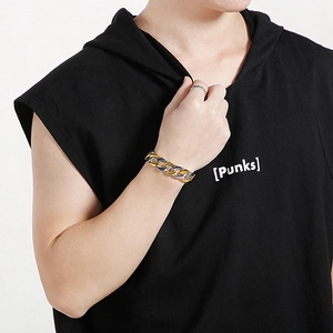 Mens punk gold silver black mixed tone stainless steel cuban chain bracelet and ring