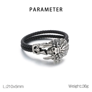 Detailed view of men's leather braided bracelet with Indian skull buckle, 210mm length