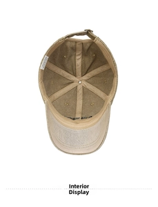 Detail of 100% cotton khaki baseball cap interior with six-panel structure and adjustable strap