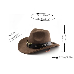 Brown suede cowboy hat details with bull skull emblem and size measurements guide