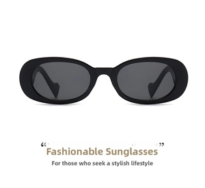 Front view of vintage oval sunglasses featuring black frames and dark grey lenses