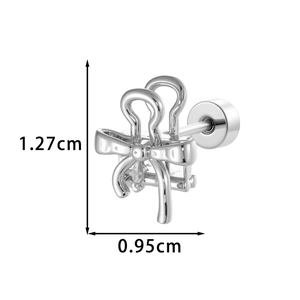 Elegant silver bow stud earring with square zircon and precise 1.27cm dimensions