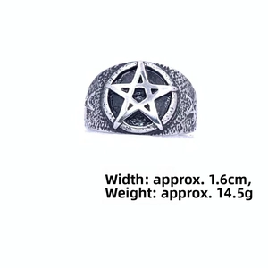 Detail of vintage stainless steel star ring showing 1.6cm width and 14.5g weight