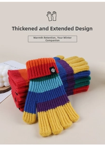 Detailed texture of thick rainbow striped knit gloves with ribbed cuffs for winter