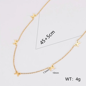 Minimalist gold bow necklace in stainless steel with dimension markings and weight