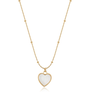Minimalist gold satellite chain necklace featuring a white shell heart pendant on white