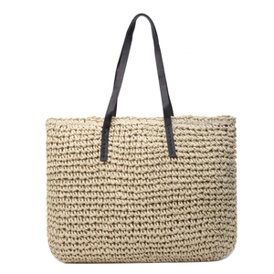 Minimalist straw woven tote bag with large capacity and black handles for beach and daily use