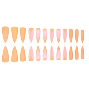 Long stiletto press-on nails in matte orange and nude pink with geometric splice design
